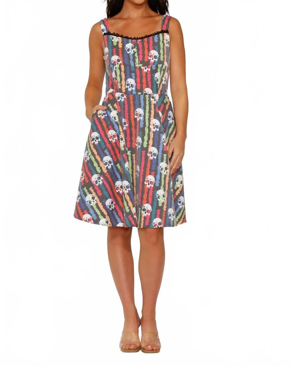 NEW ORCHID BLOOM skulls rainbow swing dress in black multi